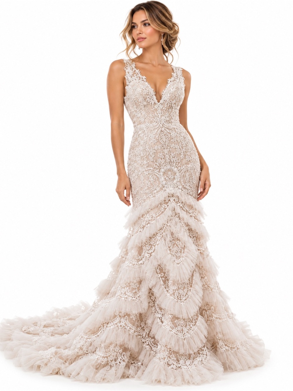 Galina Signature SWG689 Beaded Lace Ruffle Wedding Gown Ivory Nude 4 NWT